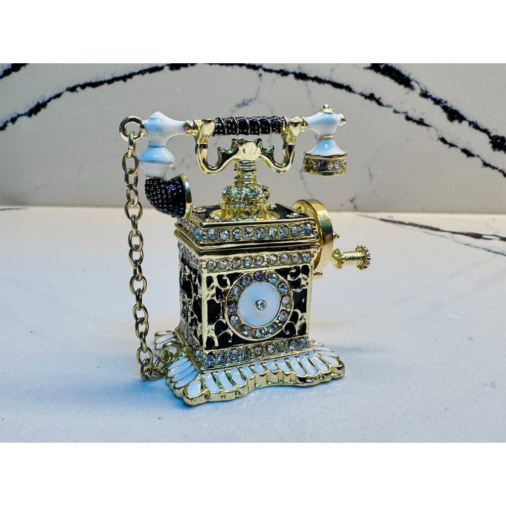 Vintage Style Rhinestone Telephone Trinket Box Gold Enamel Vanity Decor